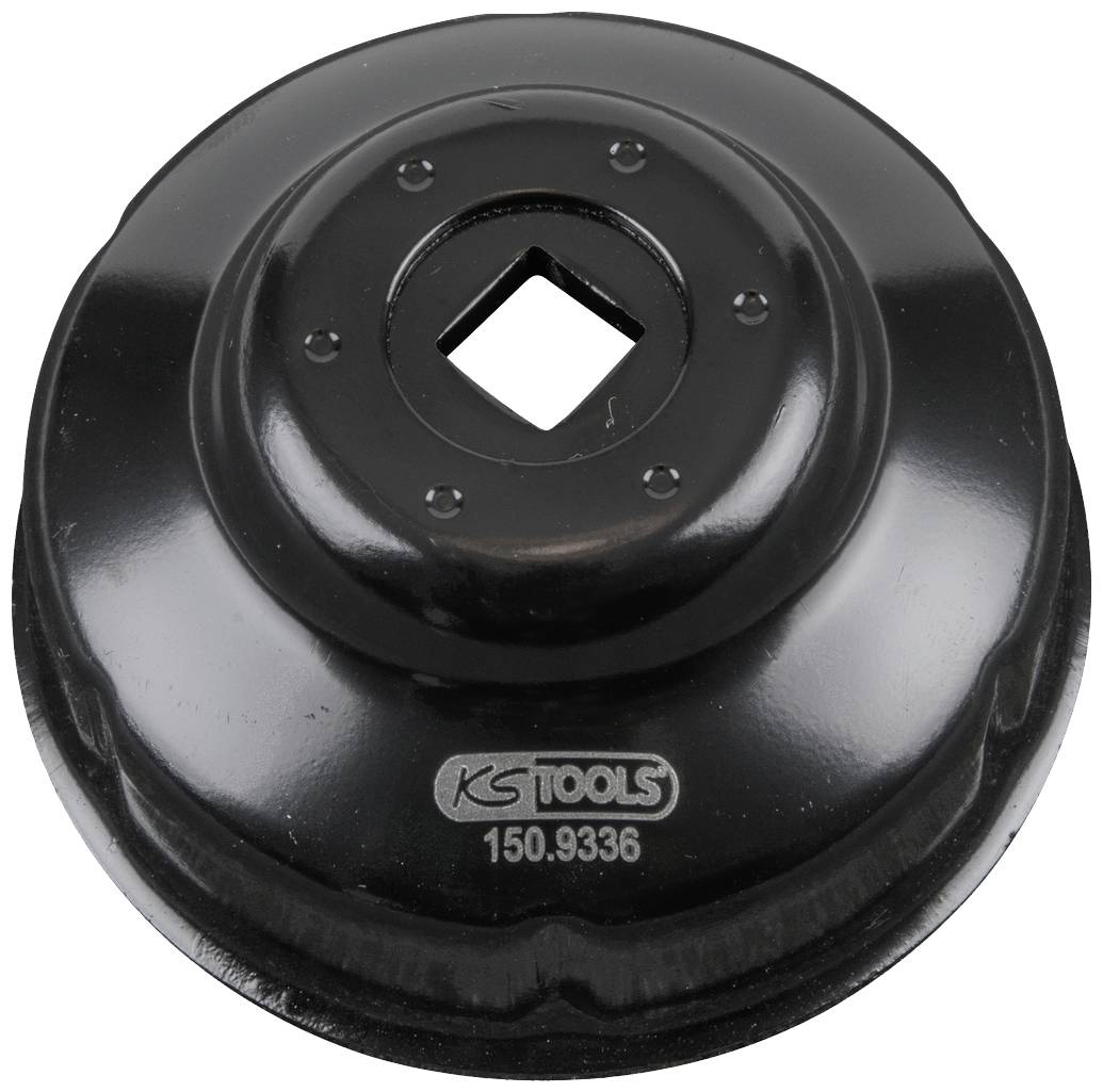 A black oil filter wrench by KS Tools with a square opening in the centre and the number 150.9336 engraved underneath.