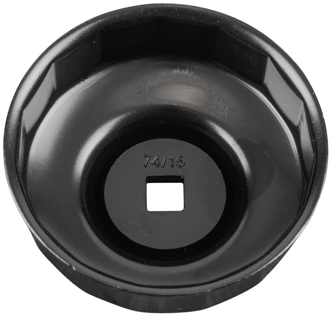 Black oil filter key with hexagonal edge and square hole in the centre, identified by the marking '74/15'.