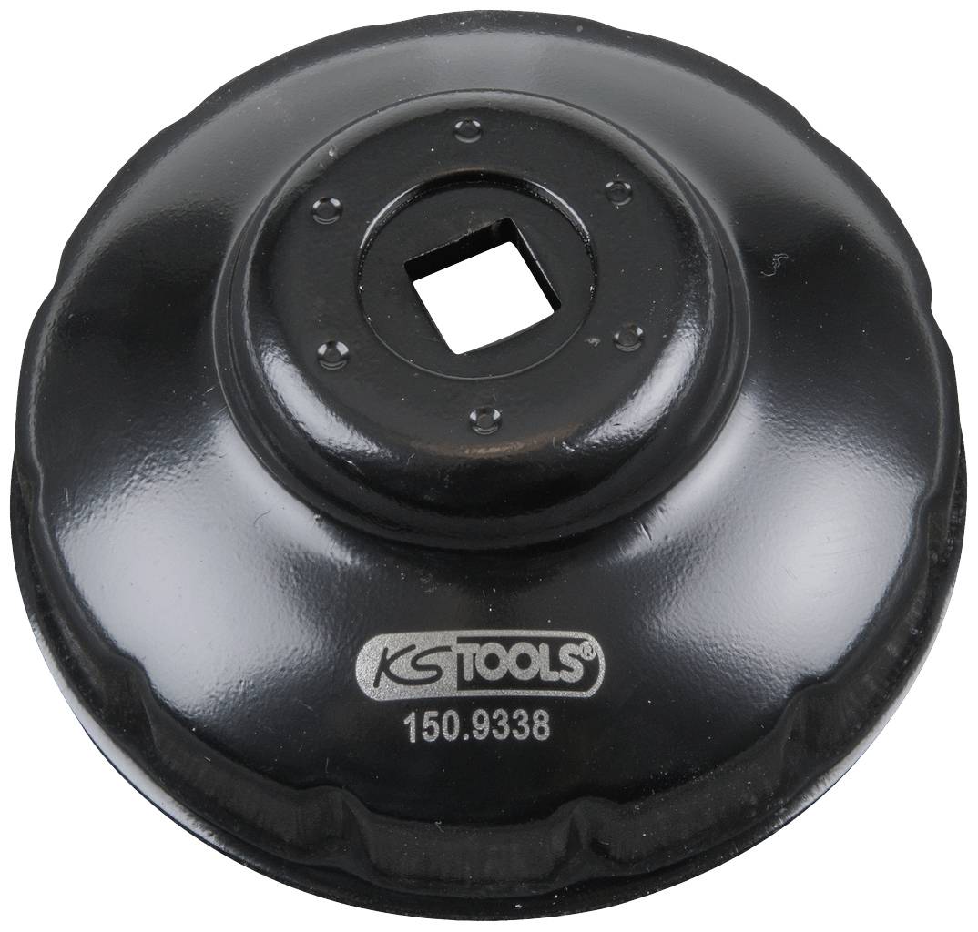 Black metal tool, round with a square opening in the centre; inscription 'KS TOOLS 150.9338' on the front side.