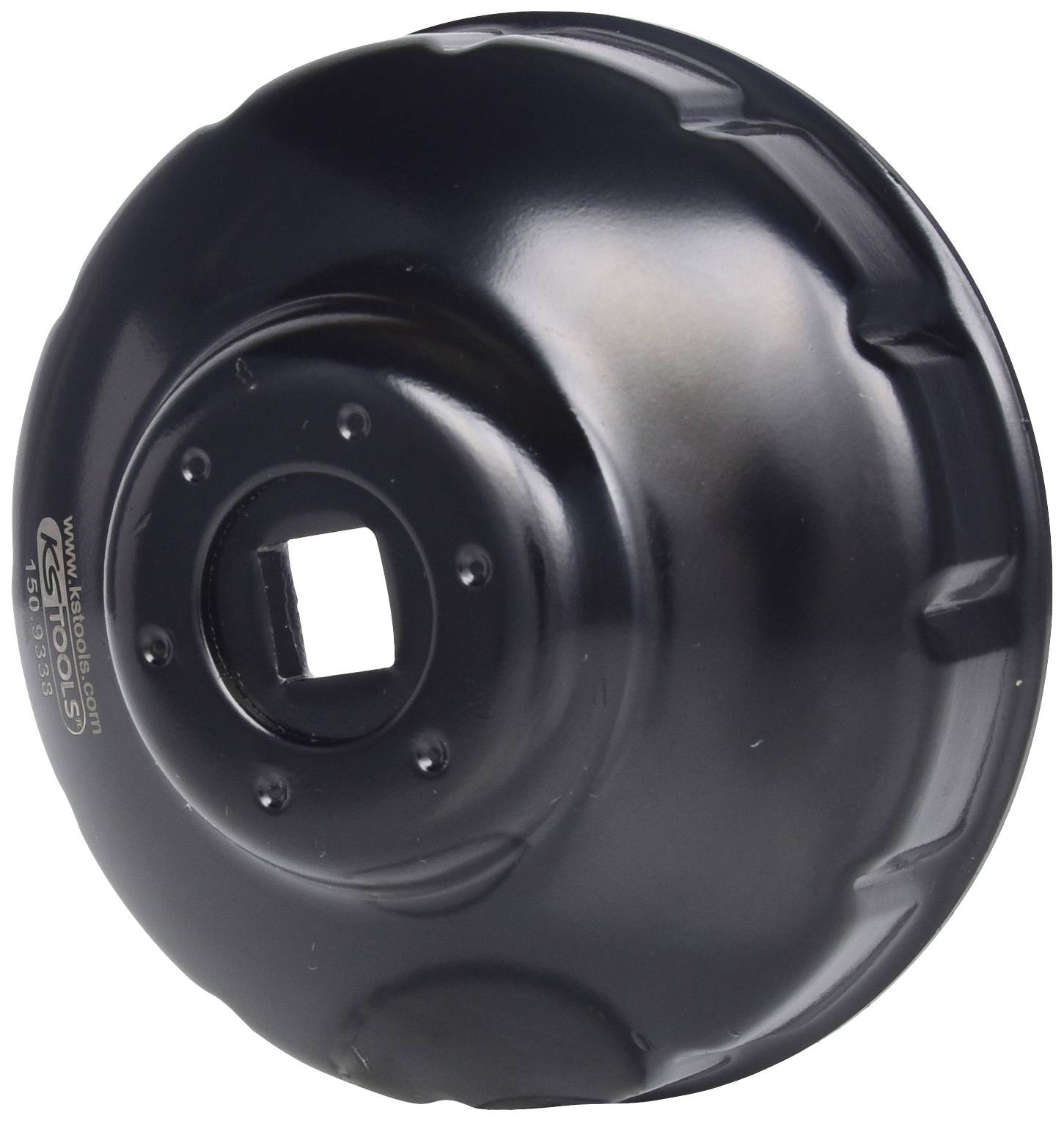 Metal oil filter cap, black, round with serrated edge. Used for removing or installing oil filters in vehicles.
