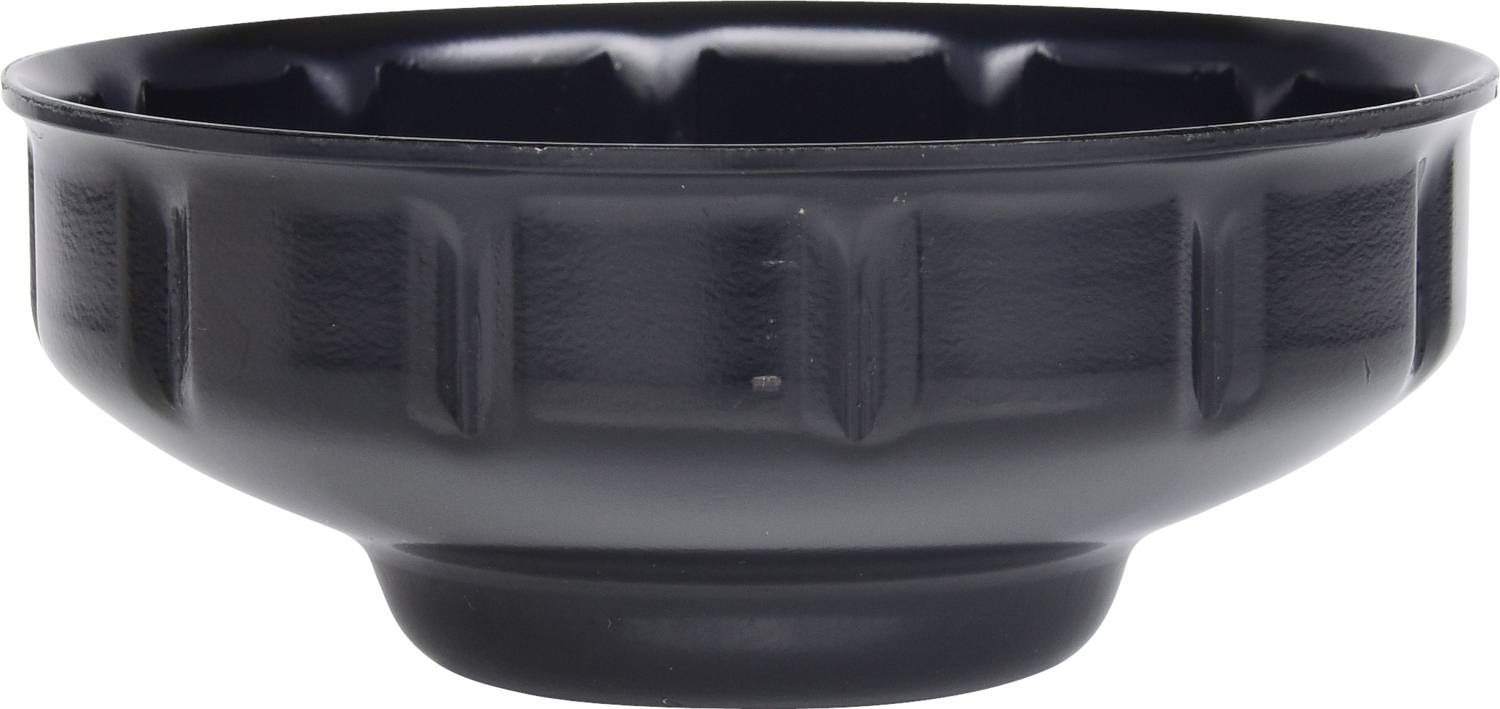 A black plastic bowl with a ribbed edge, used for serving or storing food.