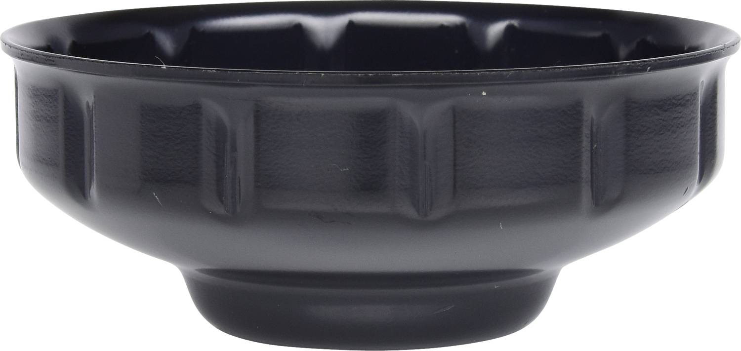 A black, round plastic bowl with a ridged outer rim, suitable for serving food.