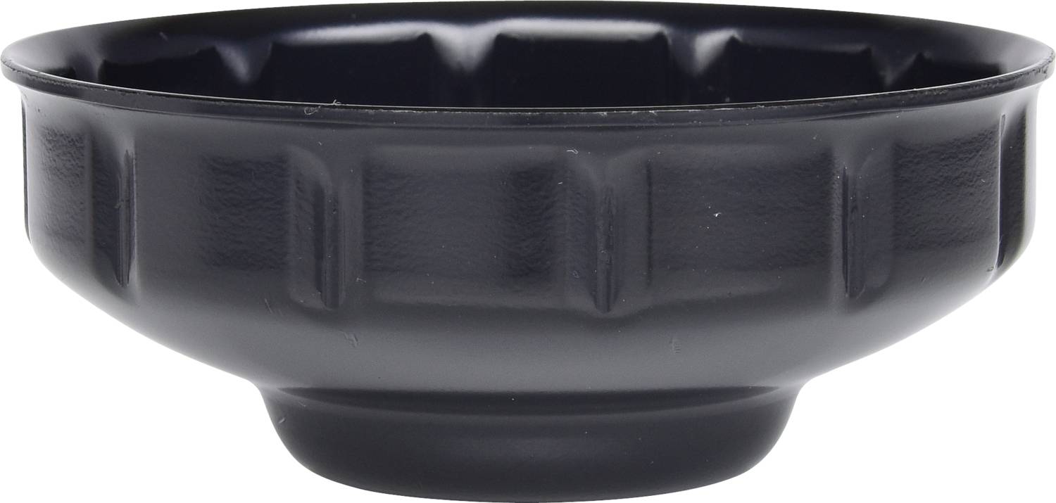 Black, round bowl with a wavy edge, used for serving or decoration.
