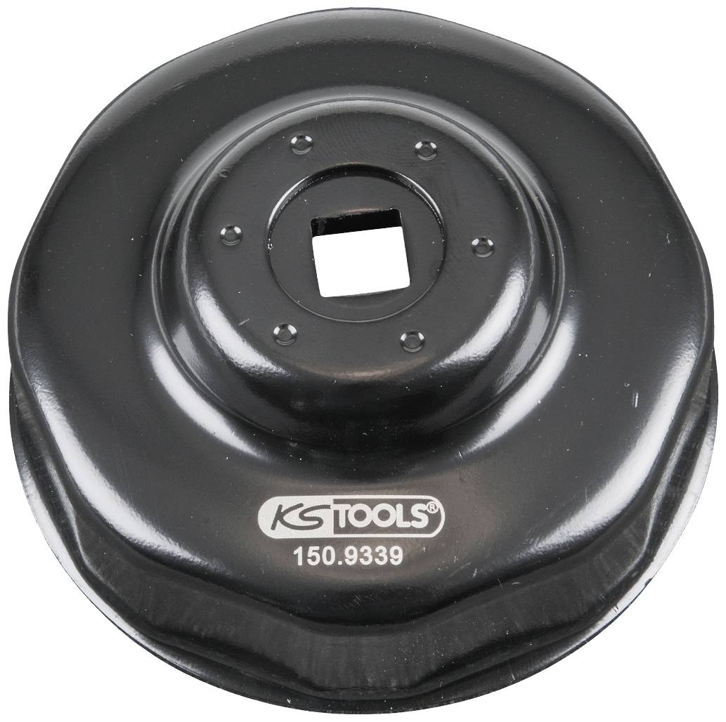 Black oil filter socket by KS Tools with part number 150.9339, round design, suitable for removing or installing oil filters.