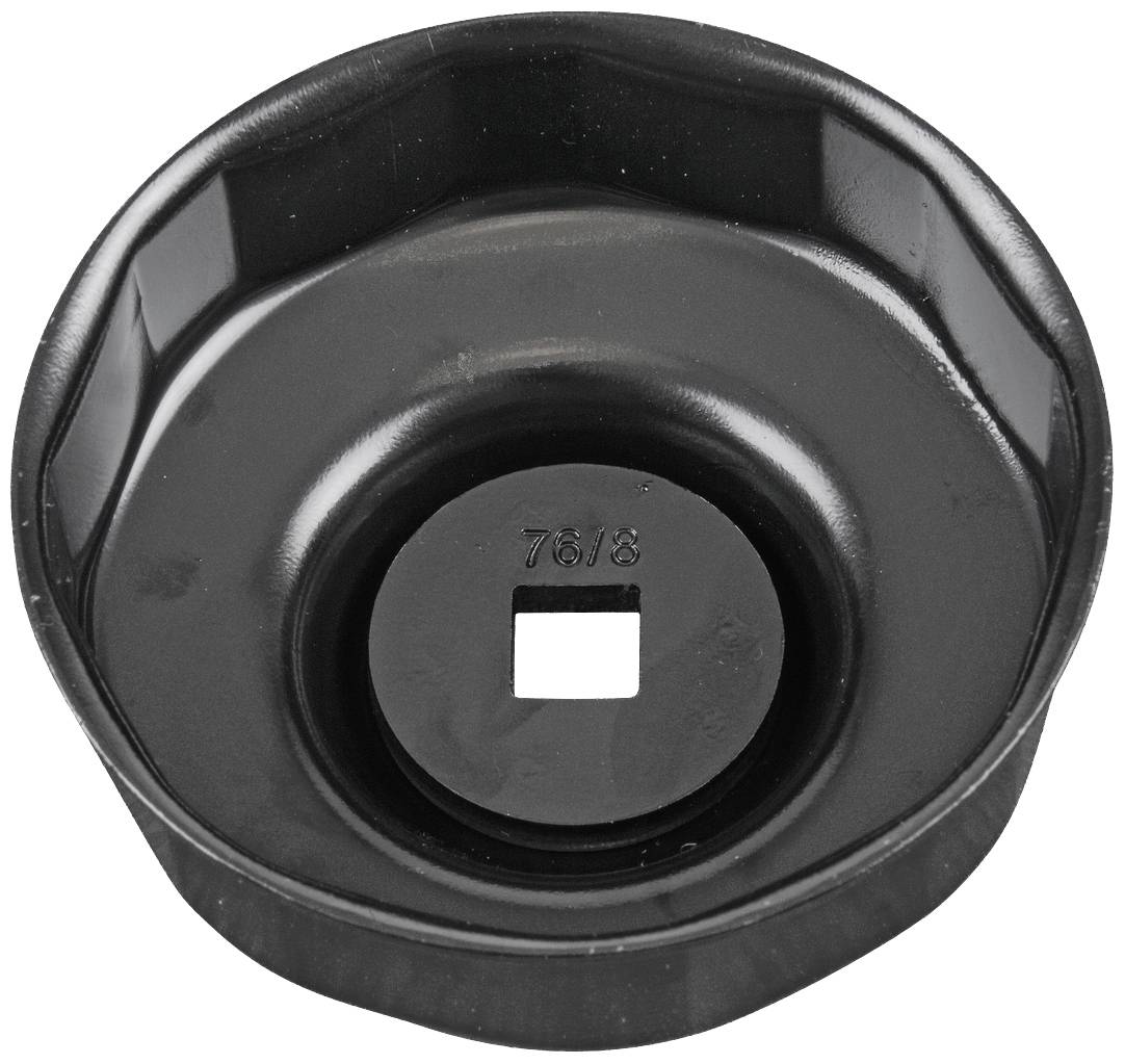 Black, round oil filter wrench with a square opening in the centre, used for loosening and tightening oil filters on vehicles.