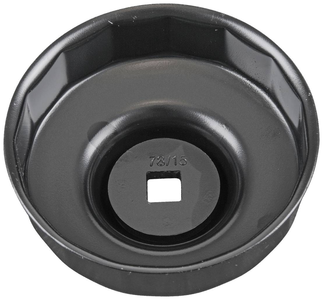 Black oil filter wrench with a hexagonal edge and a square hole in the centre, used for removing oil filters.