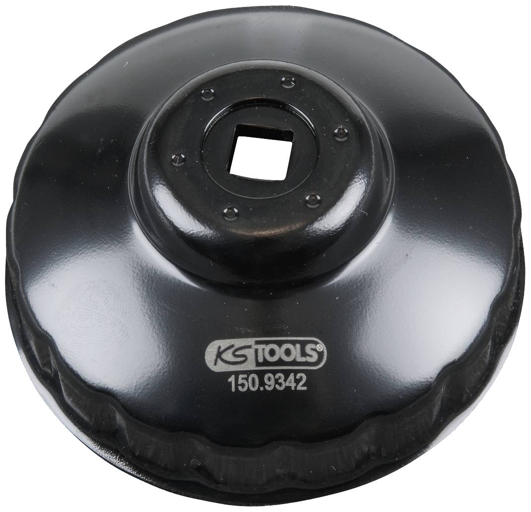 Black KS Tools Oil Filter Cap Wrench, Model Number 150.9342, made of metal, round with square opening.