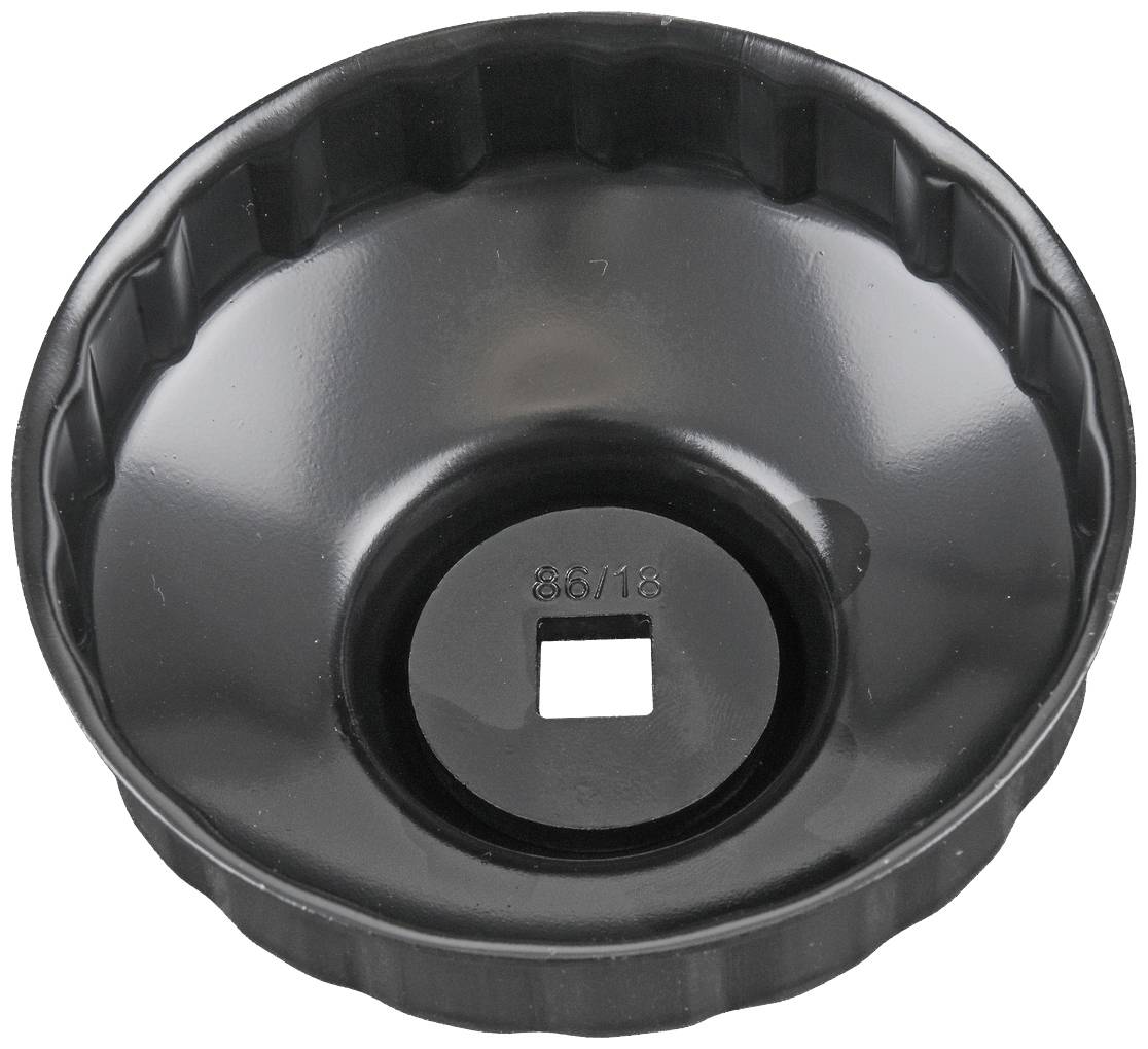 Black oil filter cap wrench, round, with serrated edge and square opening in the centre, for removing oil filters.