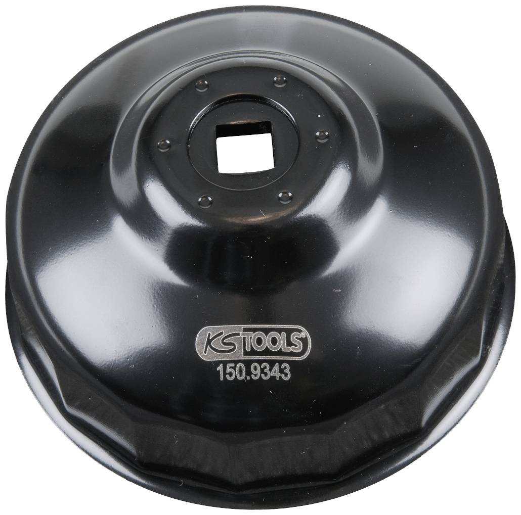 Black, round cap with an engraved inscription 'KS TOOLS 150.9343' in the centre and a square opening at the top.