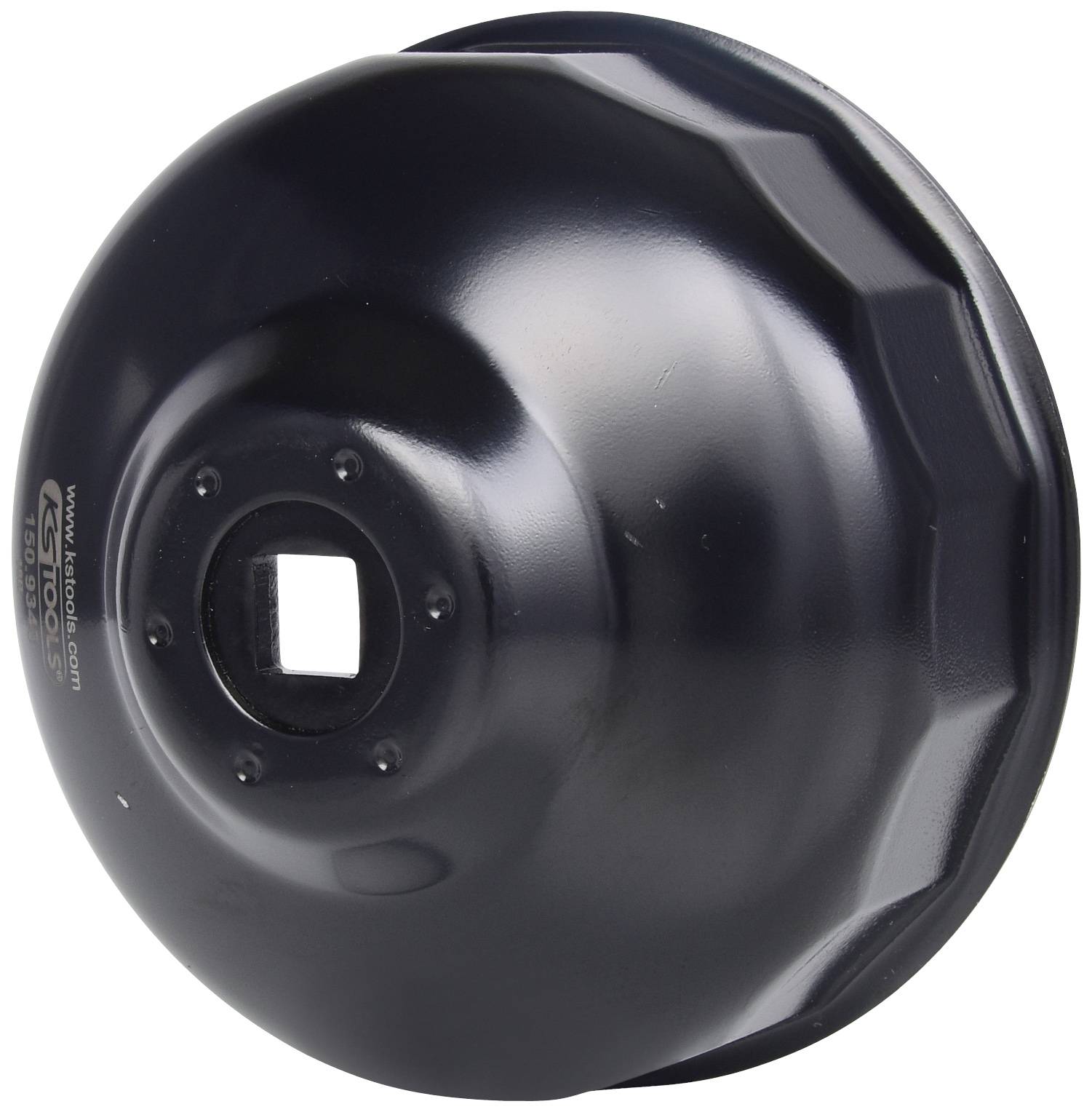 Black metal bell with a square opening in the centre, used for mechanical applications or as part of a tool.