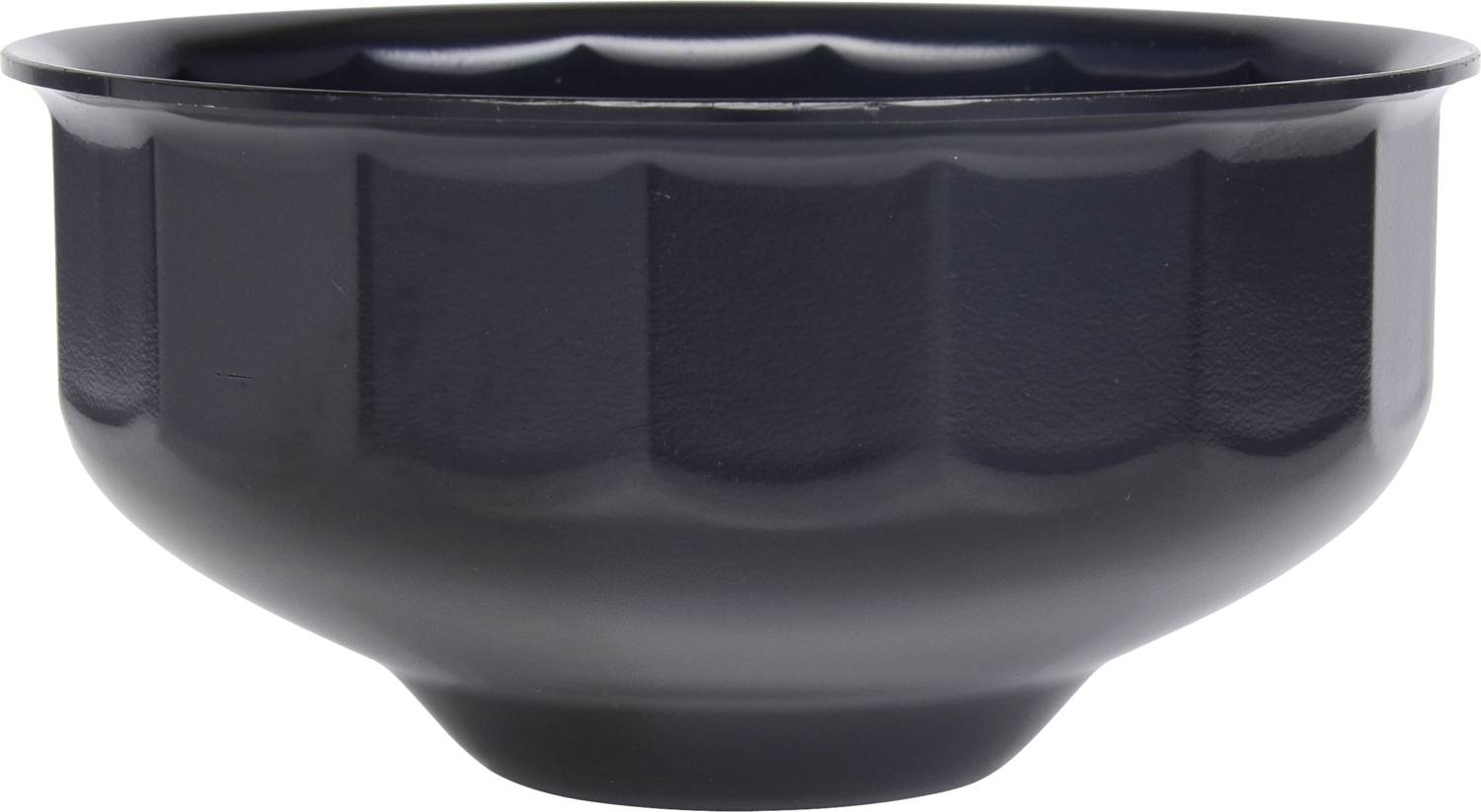Black plastic bowl with a slightly wavy edge, on a white background.