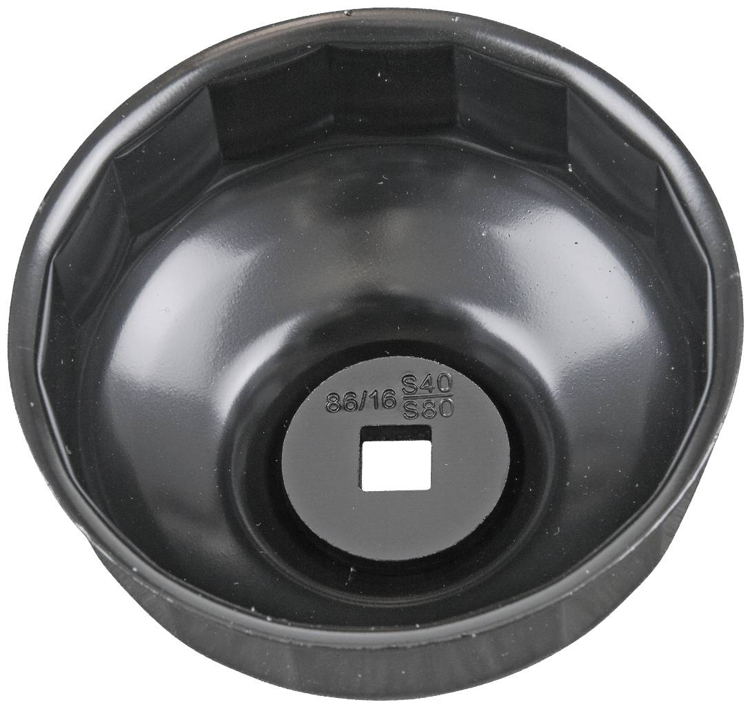 Black metal key with a round hollow and a square opening in the centre, marked with '86/16 S40'.