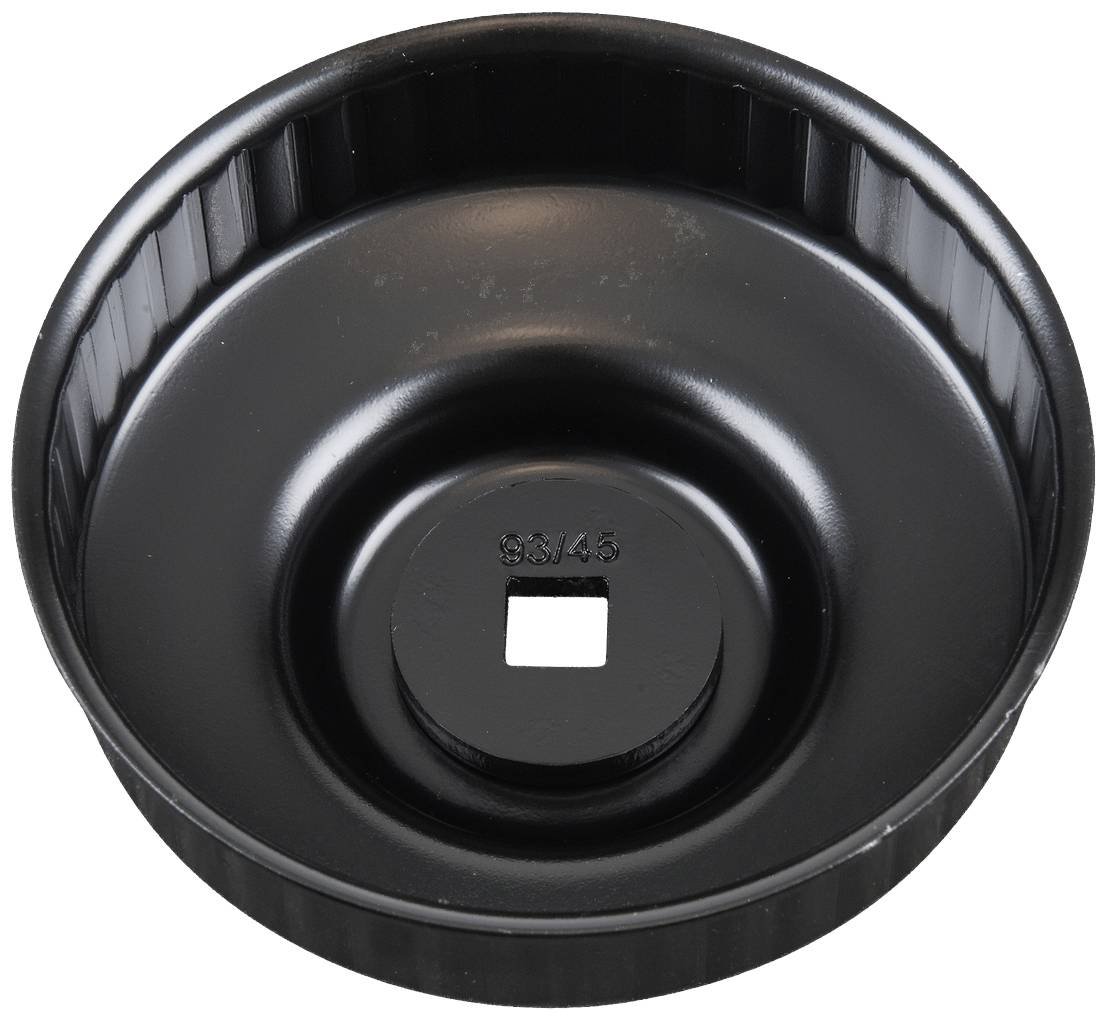 Black, round tool component with a square cut-out in the centre and a knurled edge, likely a specialised mounting.