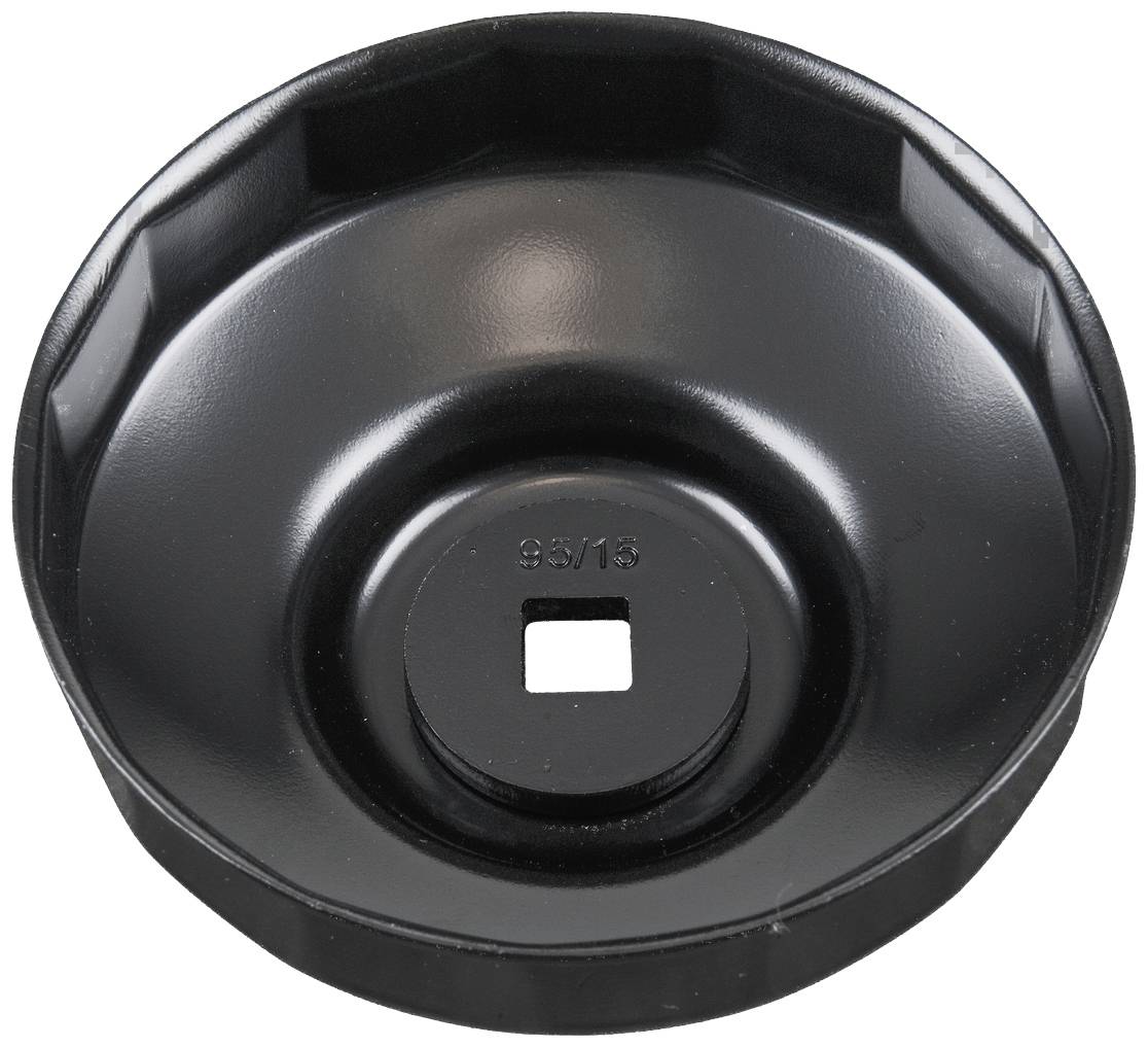 A black metal oil filter cap with a square opening in the centre, used for removing oil filters during vehicle maintenance.