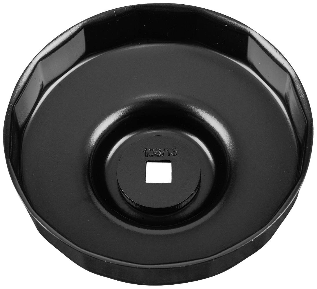 Black oil filter drain tool, round in shape, with a square opening for attachment.
