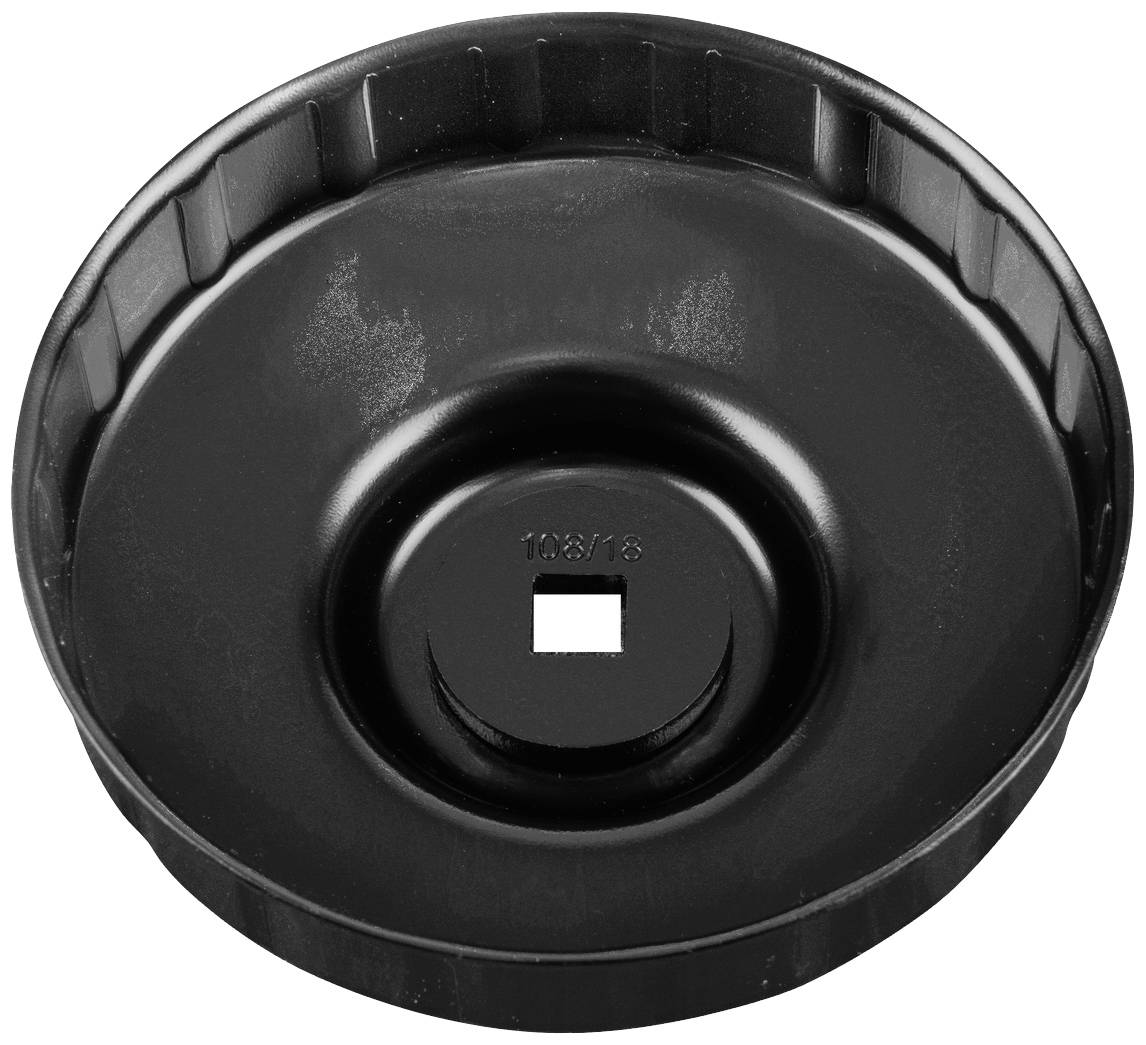 Black, round plastic tool with a square hole in the centre, presumably used for removing oil filters.