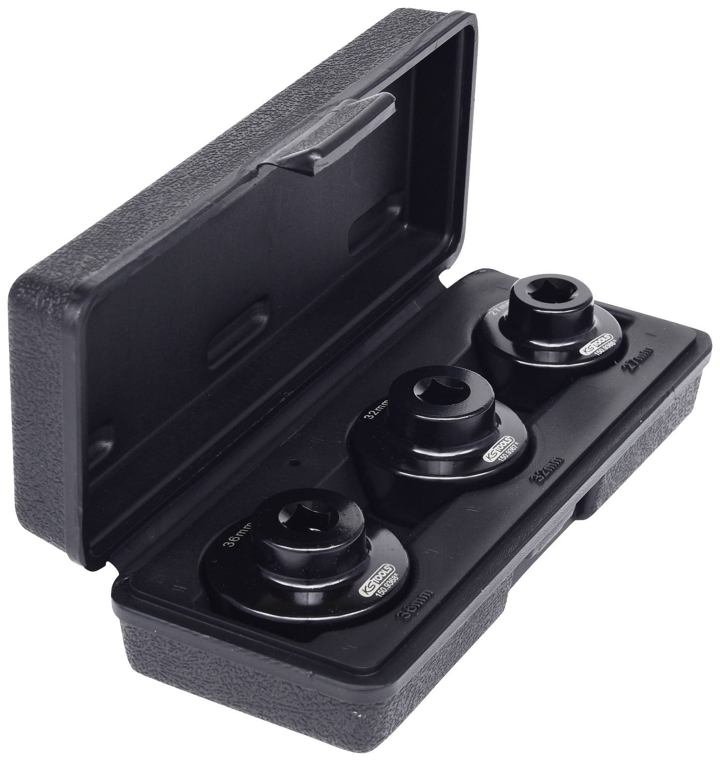 A black plastic case contains three round, black tool inserts, which are marked with sizes 18 mm, 21 mm and 24 mm.