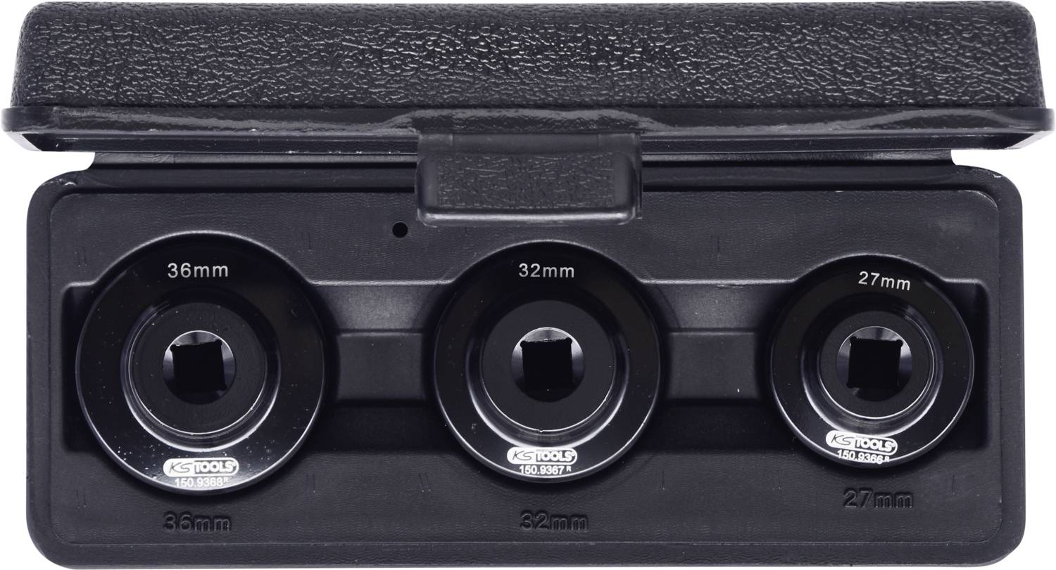 A tool set with three socket wrenches (36 mm, 32 mm, 27 mm) in an open black box.