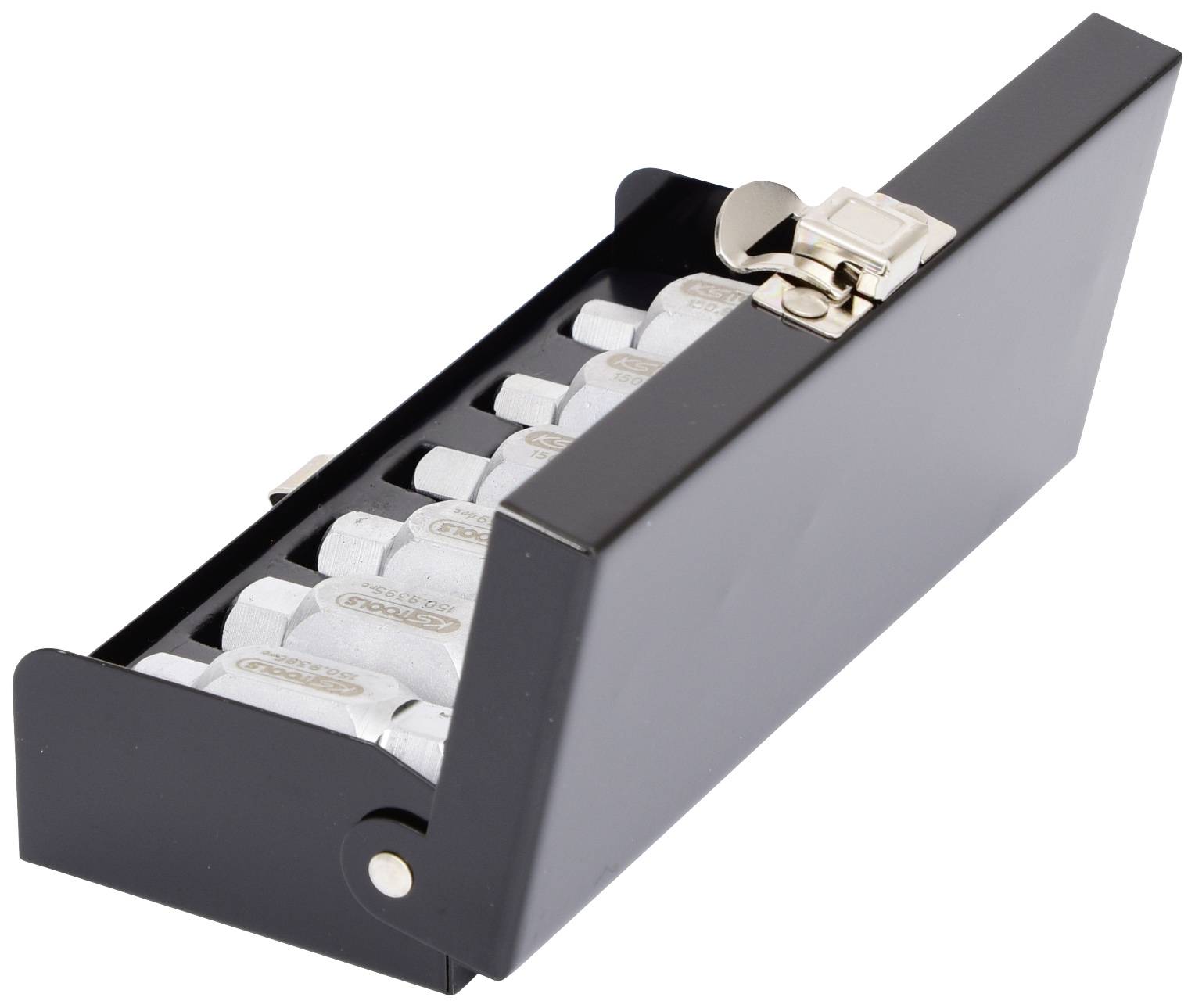 Black box with metal fastening, containing several white chalk cubes in an orderly arrangement.