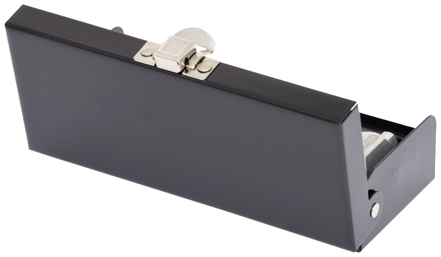 In the image, a black, rectangular metal box with a silver fastener can be seen. The box is slightly open.