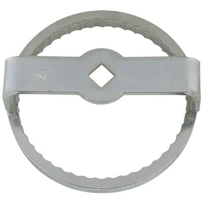 Metallic round cookie cutter with a scalloped edge and a central square cut-out.