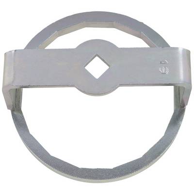 A silver, round metal tool for removing oil filters, with a central square-shaped opening.