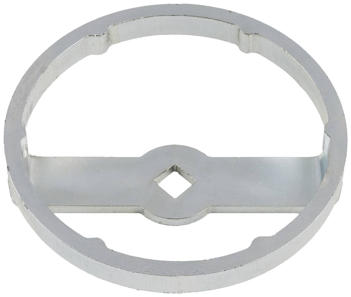 A round, metallic mechanical key with a crossbar and a centrally located diamond-shaped hole, potentially for specialised levers.