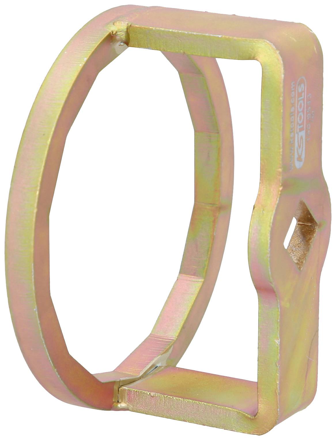 A metallic, hexagonal socket adaptor with an opening and rounded edges, suitable for specific nuts or bolts.