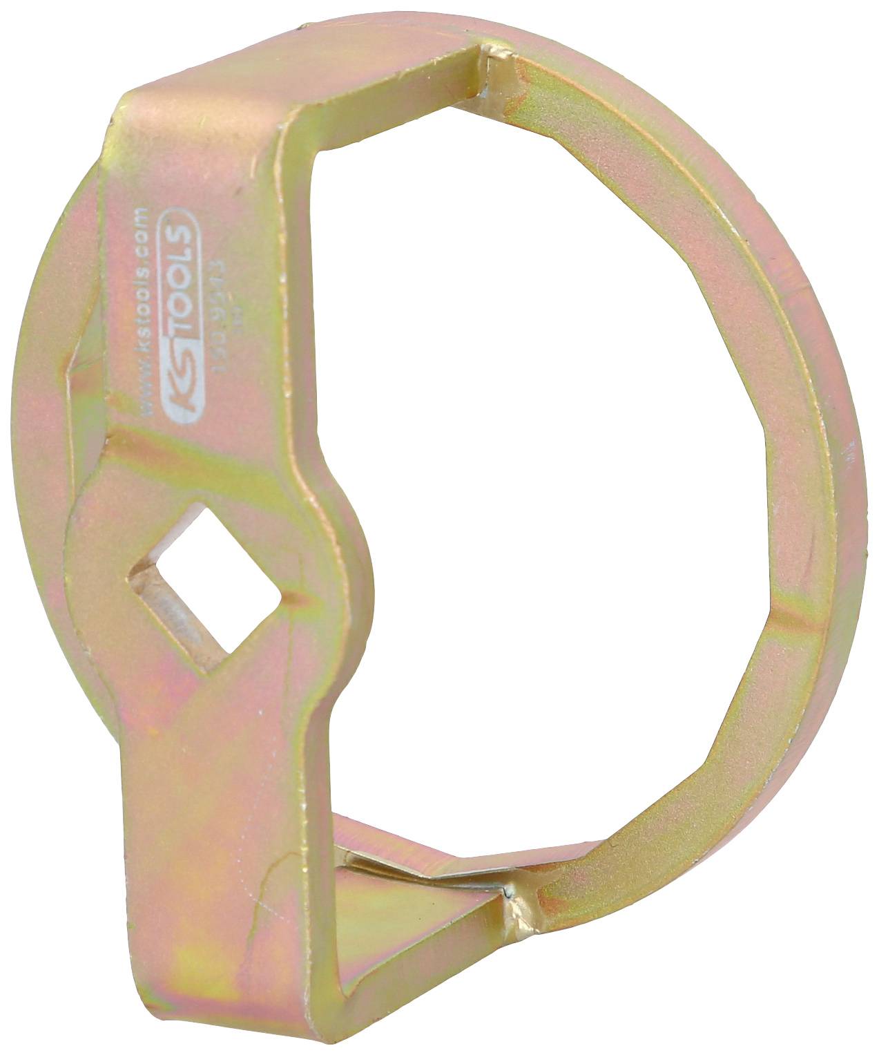 A yellow metal tool for tightening or loosening nuts, with a hexagonal design and side-engraved markings.