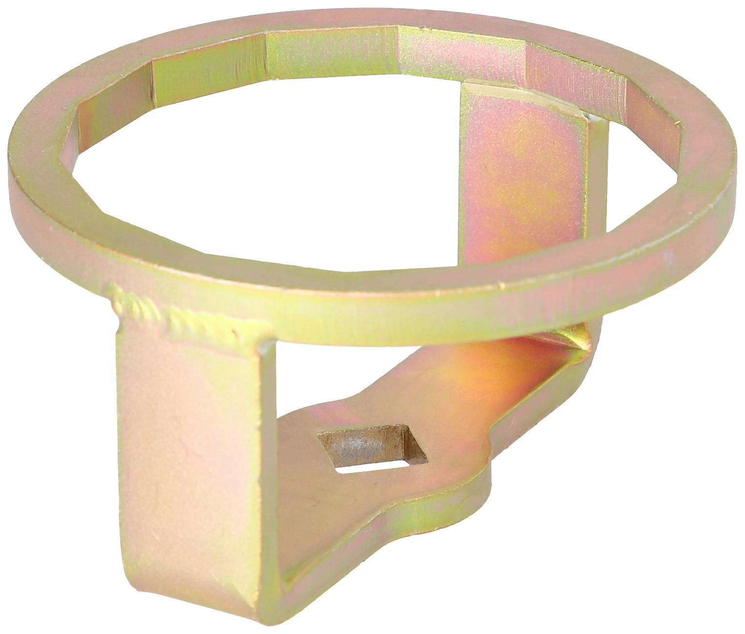 Metallic, hexagonal oil filter wrench with an open ring design and a small square hole on the top surface.