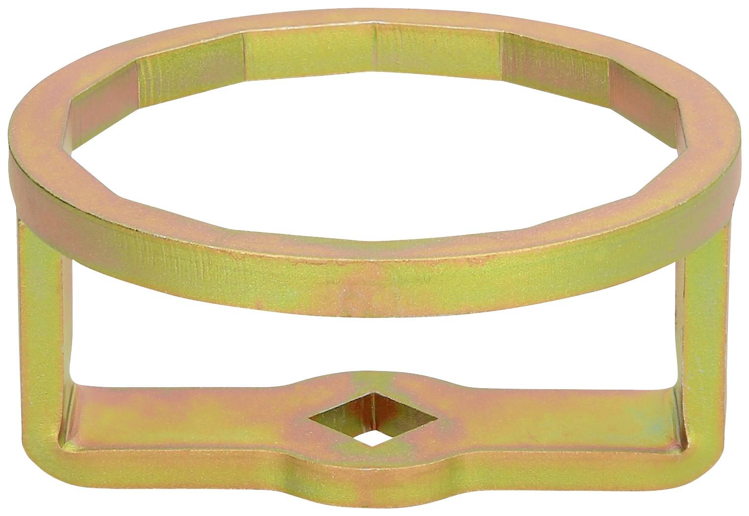 Metal mounting with an octagonal ring and rectangular base. Primarily in a golden colour with a small square hole in the centre of the base.