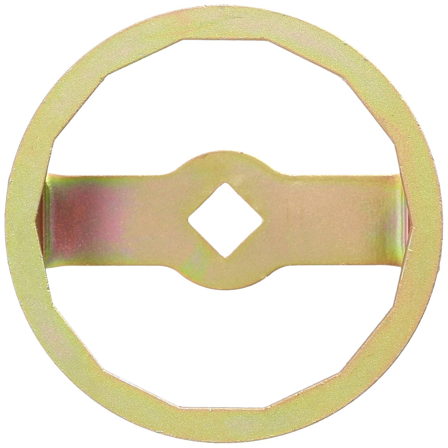 A flat, metallic key with an octagonal edge and a square opening in the centre, suitable for specialised screws.
