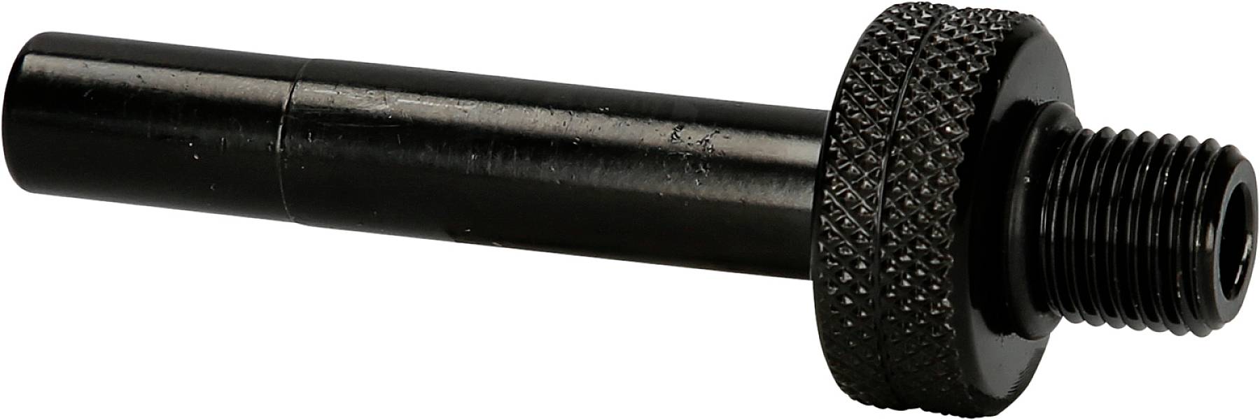 Black metal adapter with knurled handle, cylindrical shaft, and threaded screw, likely for mechanical fastening.