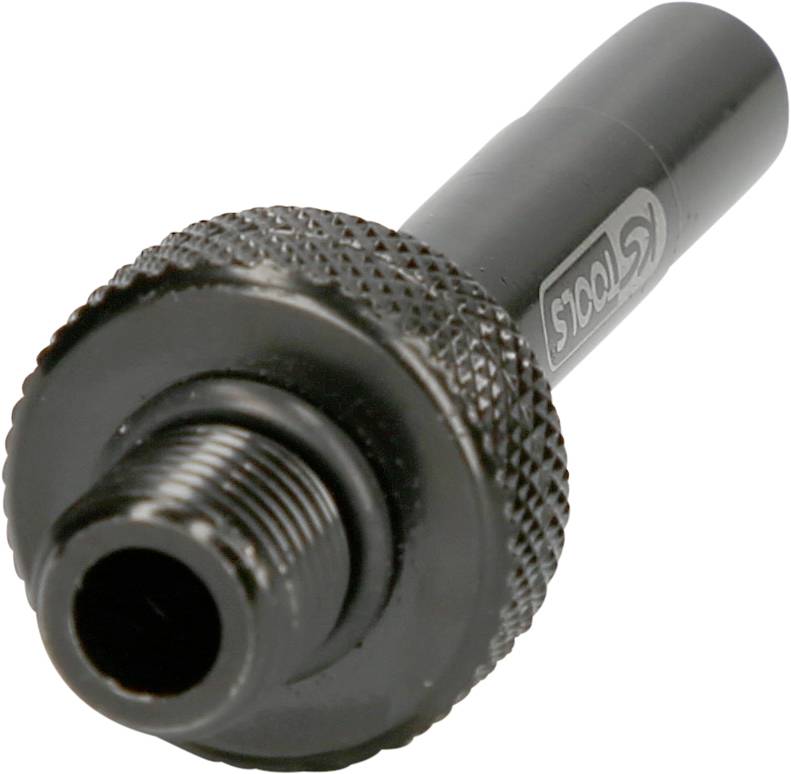 A black adapter with a knurled handle and thread, used for precise tool fixings in mechanical applications.