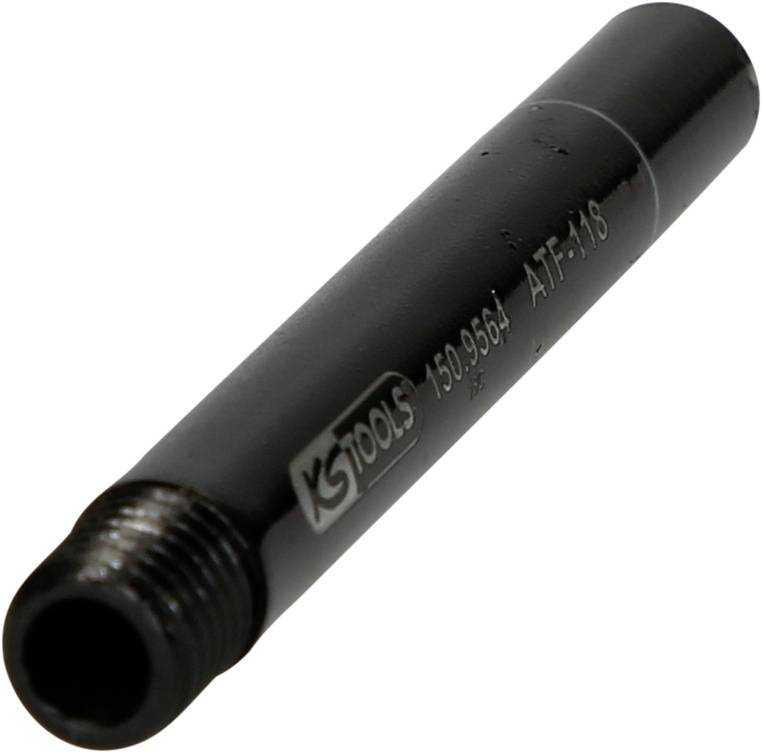 A black cylindrical adapter with threads, marked with 'KS TOOLS 150.9364 ATF-118', for mechanical connections.
