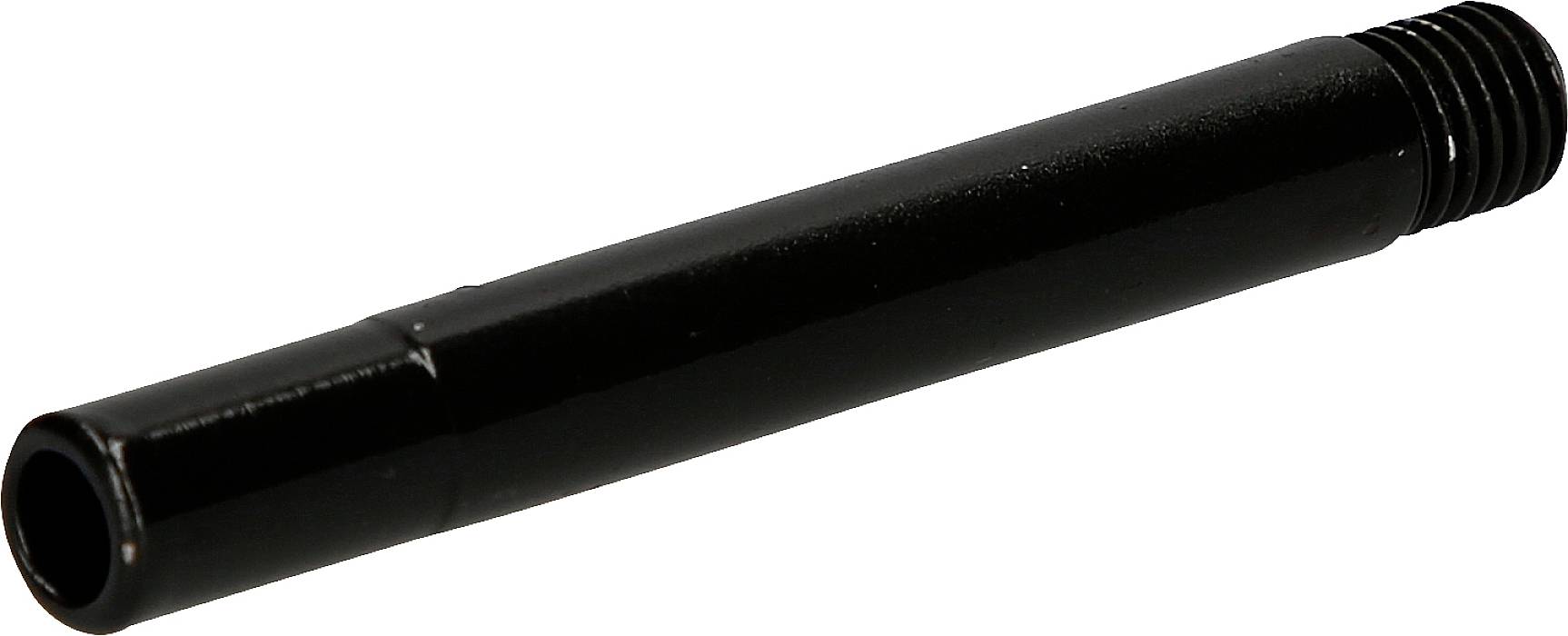 A black metal cylinder with a thread at one end, possibly a machine component or a screw extension.