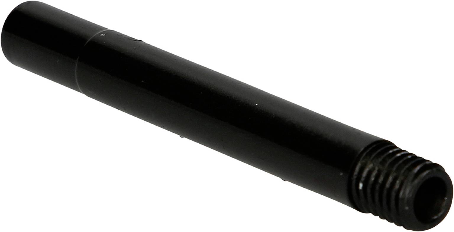 A black metal pin with a fine thread at one end, positioned horizontally.