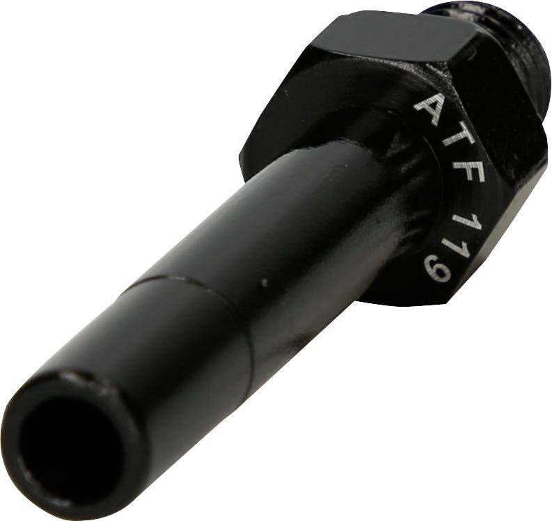 Close-up of a black, metallic adapter with 'ATF 119' marking on the side, potentially a connector piece for liquids.