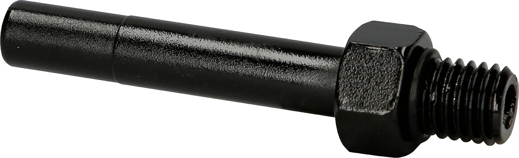 A black metal bolt with a cylindrical shaft and a hexagonal screw head.