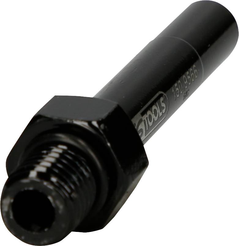 A black metal bolt with an external thread at one end, likely a component for machinery or tools.