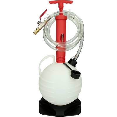 Red hand pump with white jerry can and transparent hose. Used for liquid transfer.