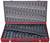 A red toolbox with an open lid displays a complete set of drill bits in various sizes, neatly arranged.