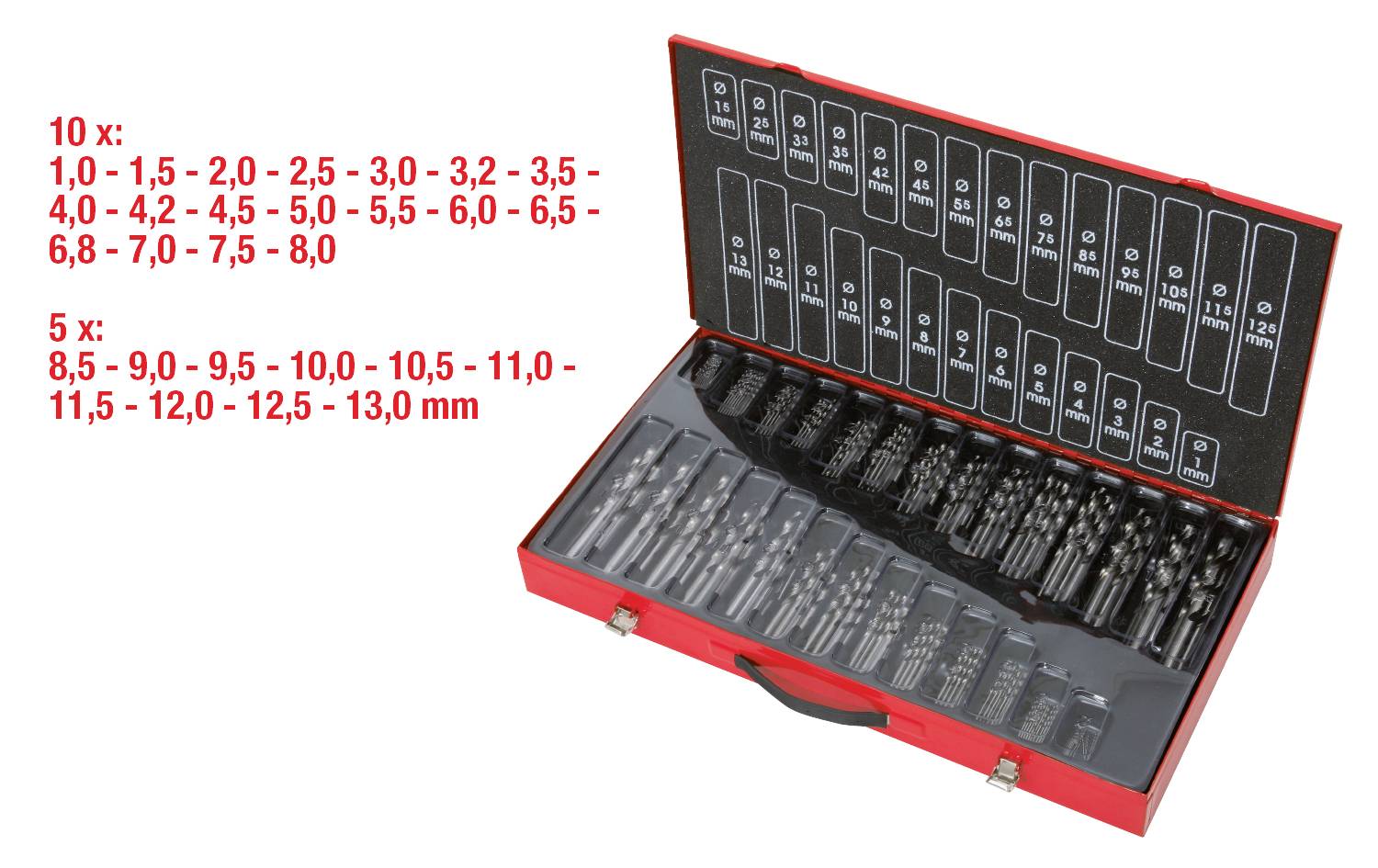 'Drill replacement set in a red case with various drill sizes on a tray and measurements listed in red script.'