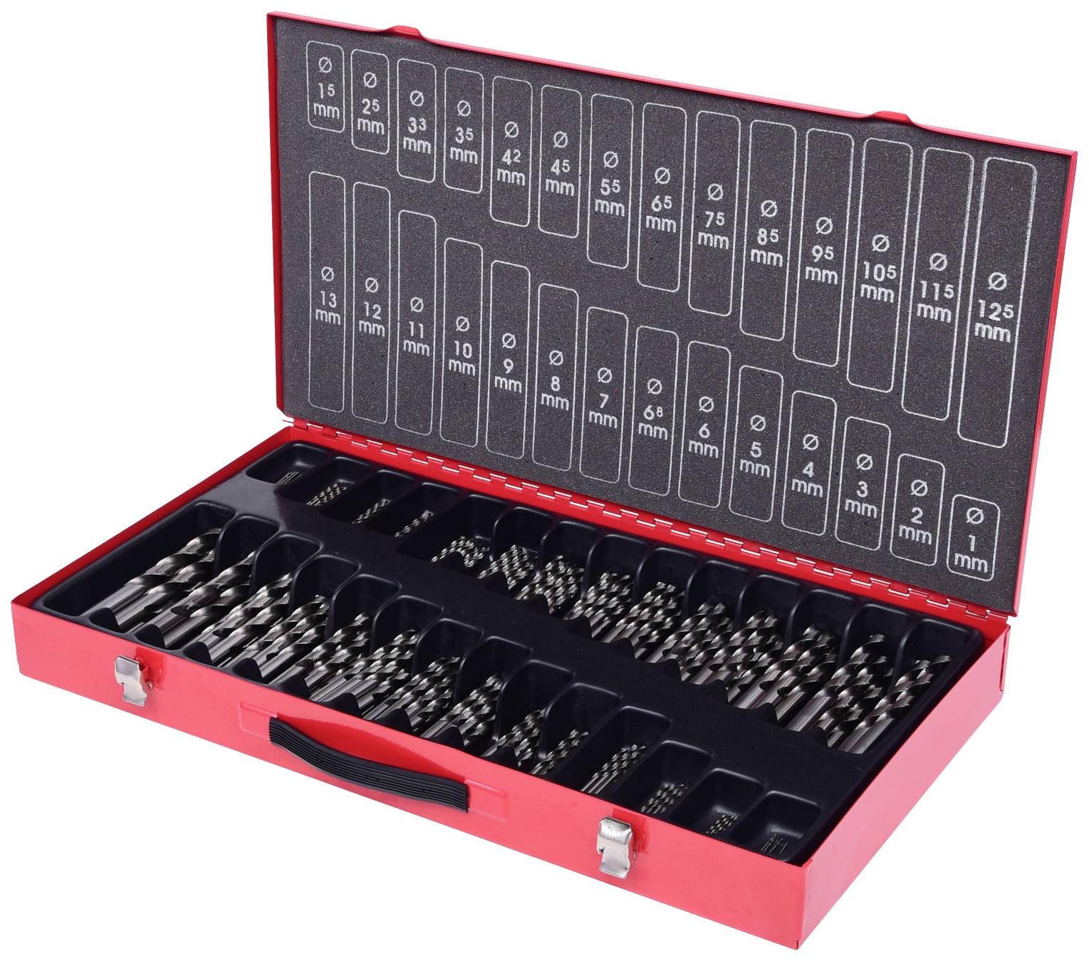 An opened red case displays a set of drill bits in various sizes, each neatly arranged in a labelled compartment.