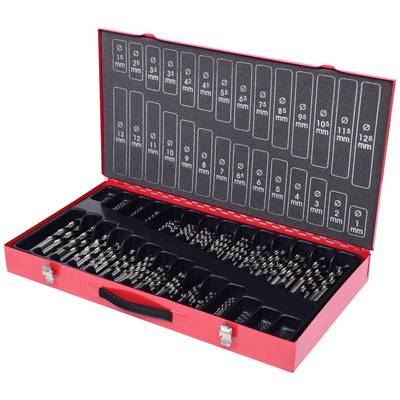 An opened red case displays a set of drill bits in various sizes, each neatly arranged in a labelled compartment.