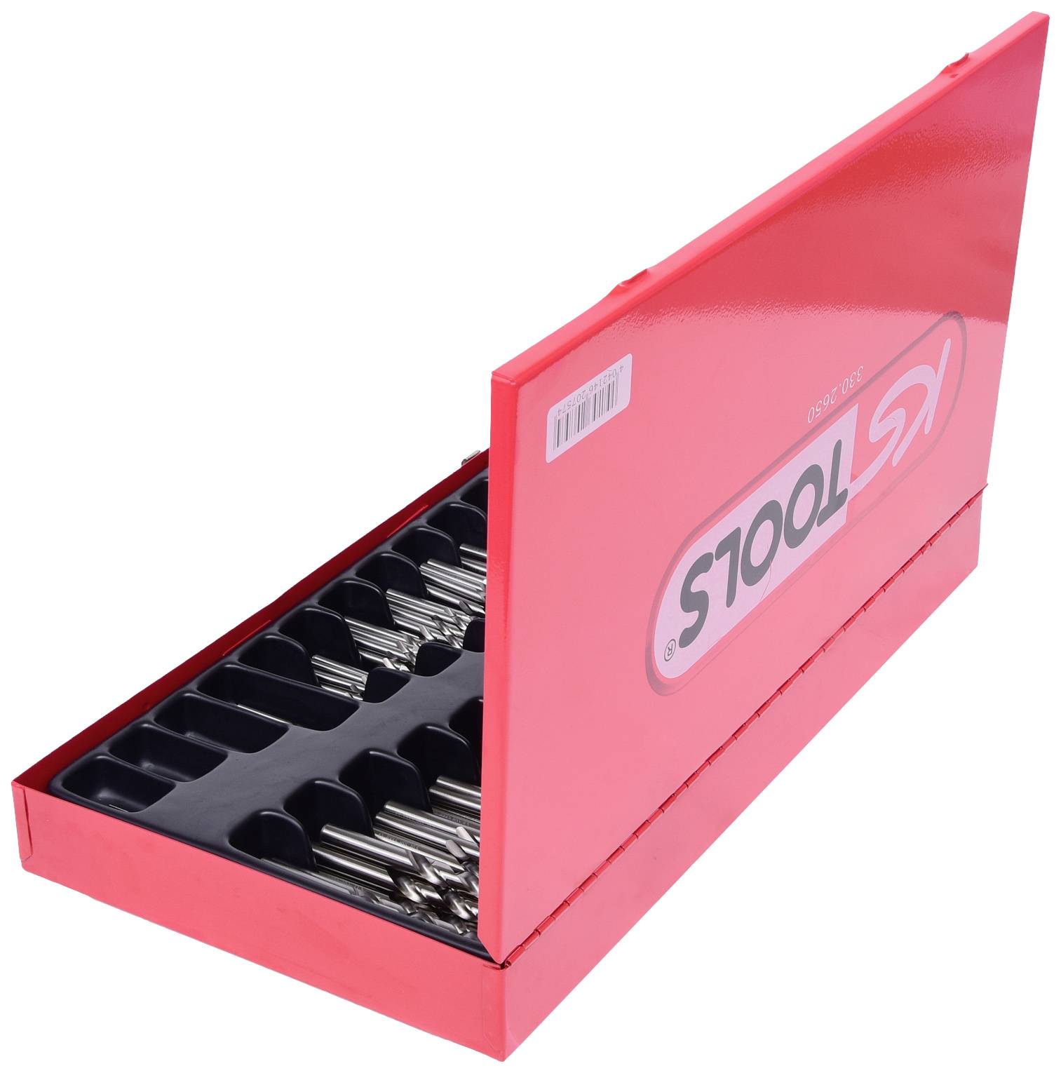 Red box with numerous small drills arranged in an orderly manner. Packaging printed with 'KS TOOLS'.