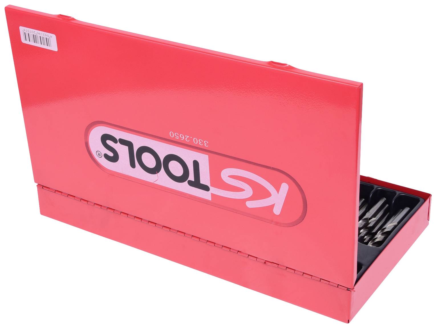 Red toolbox with hinged lid, partially open.