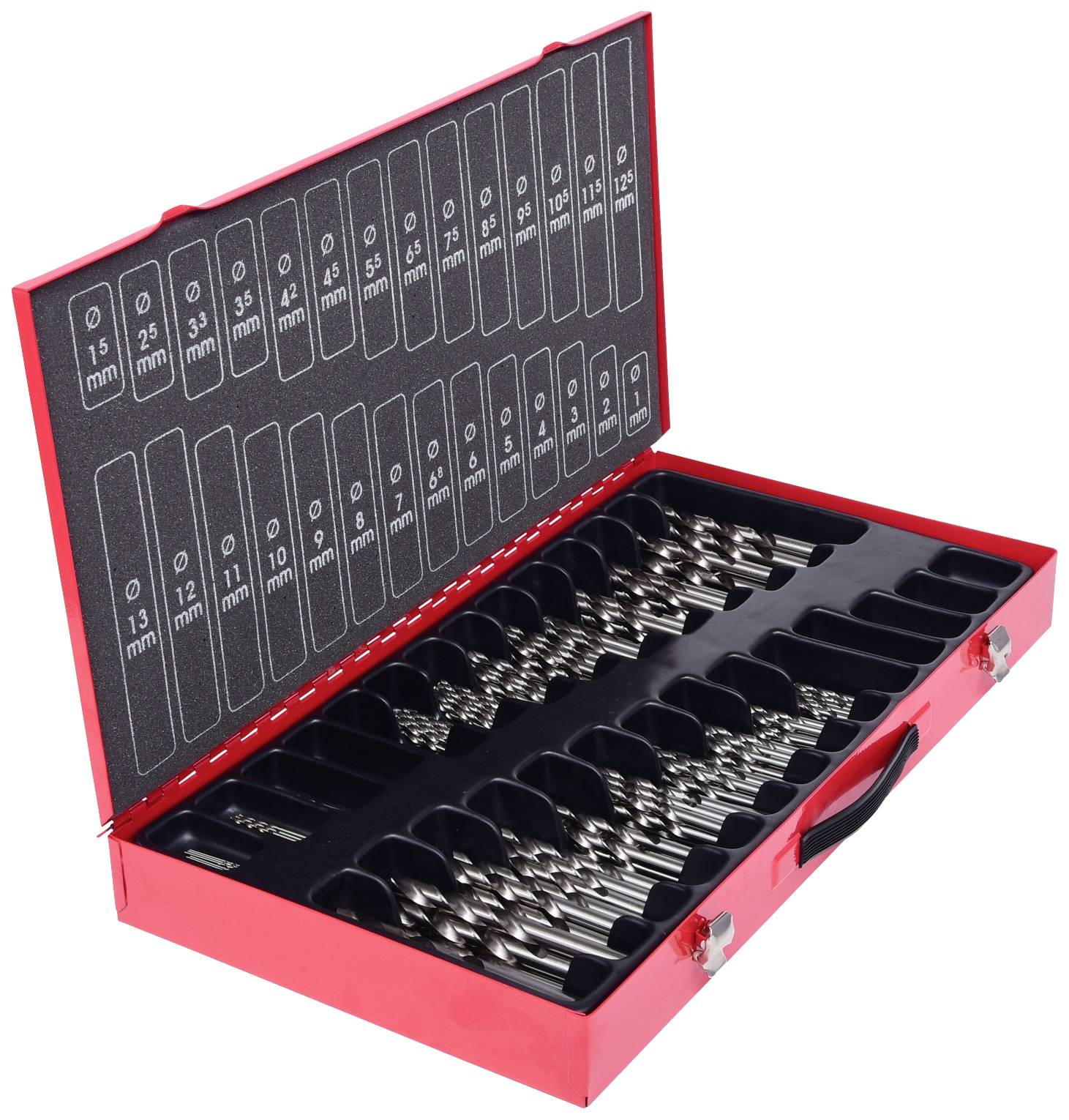 'Red case with a collection of drill bits in various sizes, sorted in inserts. Labels show measurements in millimetres.'