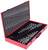 'Red case with a collection of drill bits in various sizes, sorted in inserts. Labels show measurements in millimetres.'