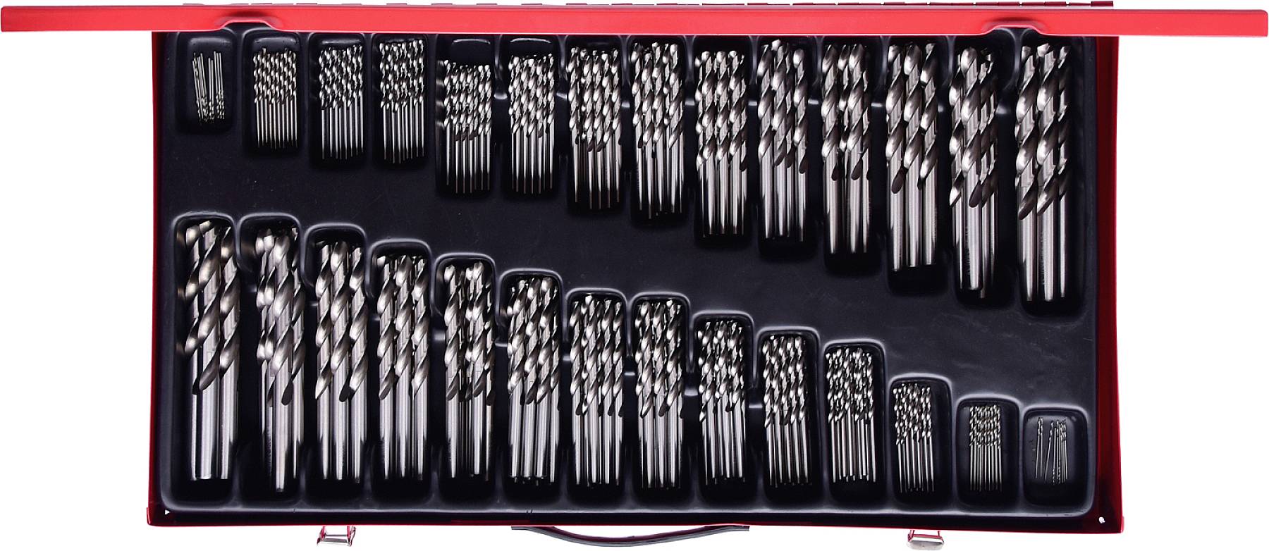An open box containing various metal drill bits arranged in multiple rows and sizes, neatly organised for easy reference.